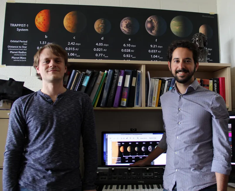 Picture of Matt and Andrew from System Sounds standing in front of a desk with a synthesizer on it.