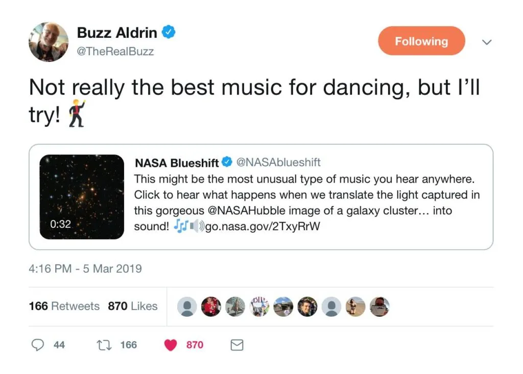 Screenshot of a tweet from Buzz Aldrin about our galaxy cluster sonification, where he says: 'Not really the best music for dancing, but I'll try!'