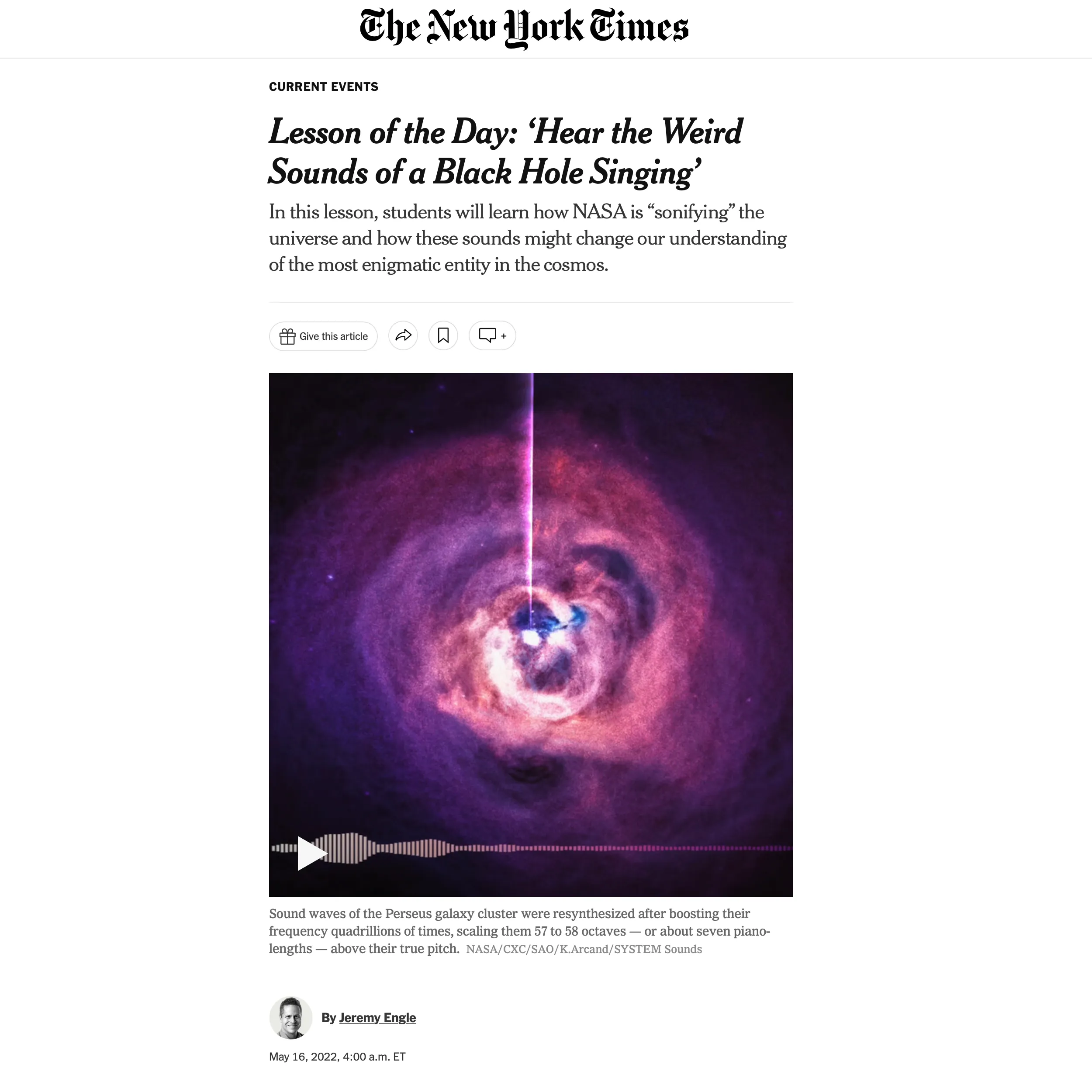 Picture of the New York Times article about the Perseus black hole sound lesson plan