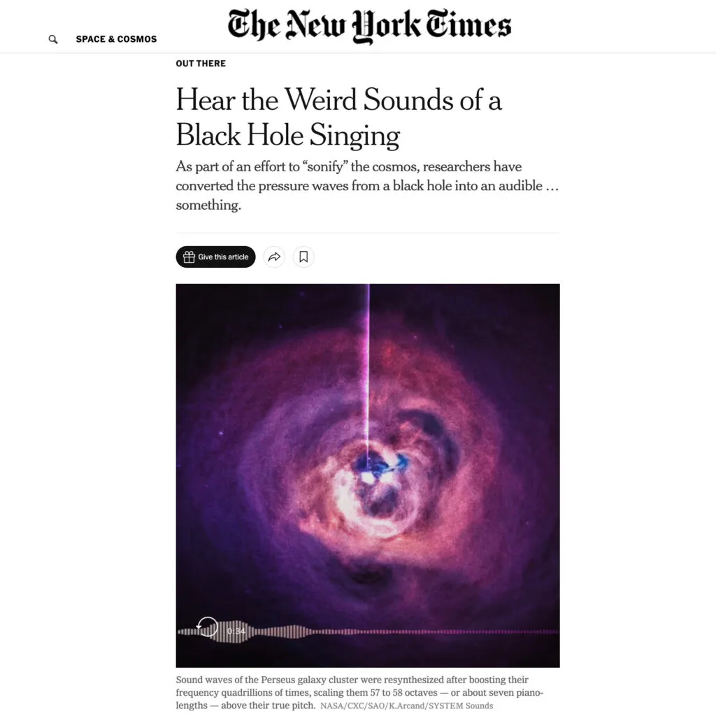 Picture of the New York Times article about the Perseus black hole sound