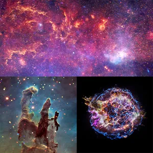 Picture of the galactic center, Cassiopeia A, and the Pillars of Creation.