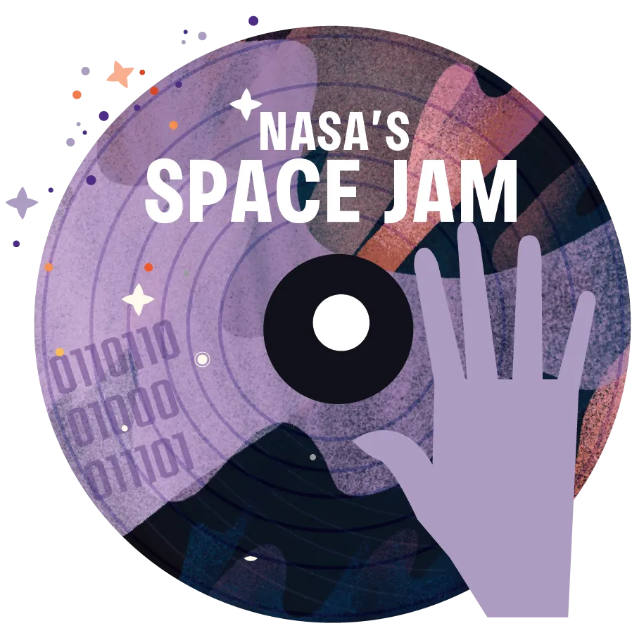 Logo for NASA's Space Jam that has a cartoon and scratching a cartoon record